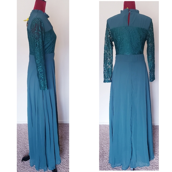 ROIII DARK GREEN FRILL NECK BODICE FLOWRY ONE PIECE DRESS - Picture 4 of 5